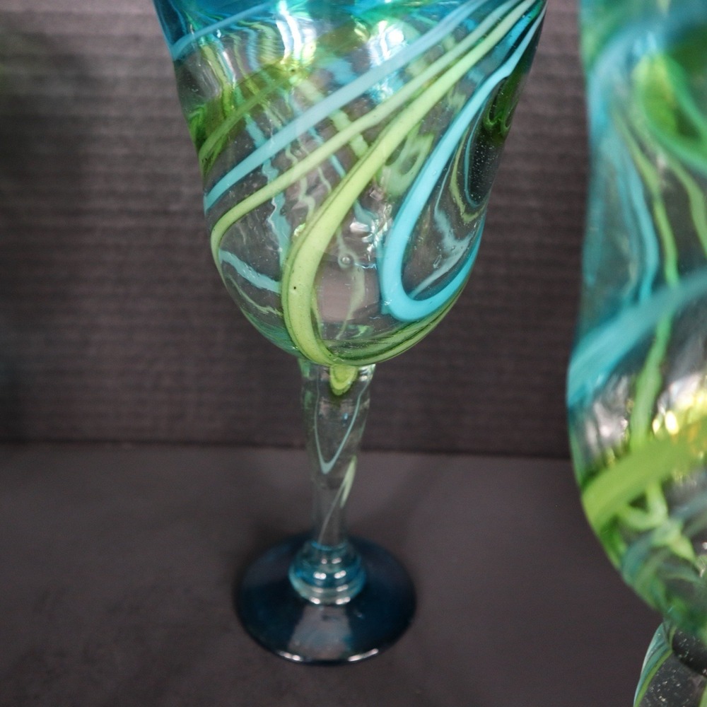 Set Of 4 Matching Hand Blown Mexican Blue/Green Swirl Margarita Glasses 9.5 in. - Picture 6 of 9